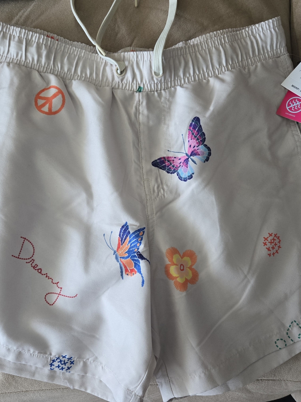 Mens Beige Butterfly Print Swim Shorts
